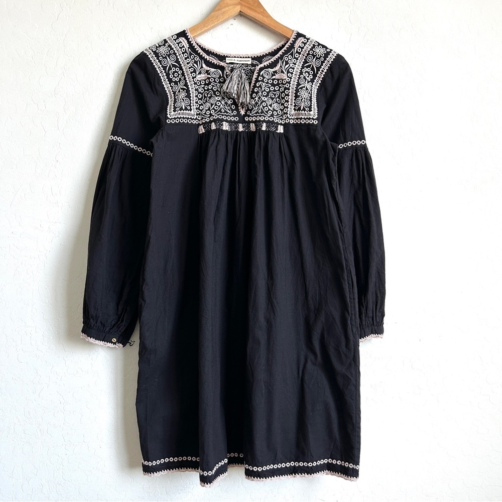 Ulla Johnson Mini Dress 2 Shift Long Sleeves Tasseled Embroidered Mira Black - Picture 2 of 11